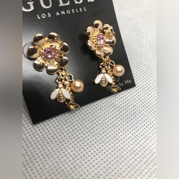 Guess‎ gold tone flower bud pink tourmaline gemstone look dangle charm earrings - Picture 6 of 16